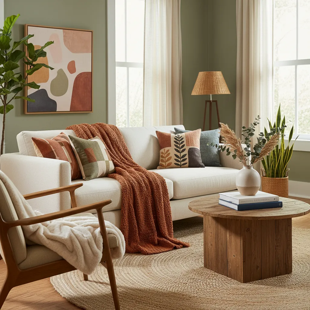 Salón con cojines y manta decorativa que renuevan el ambiente