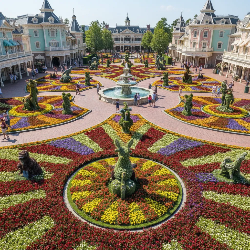 Seasonal flower display in theme park plaza with colorful arranged garden beds