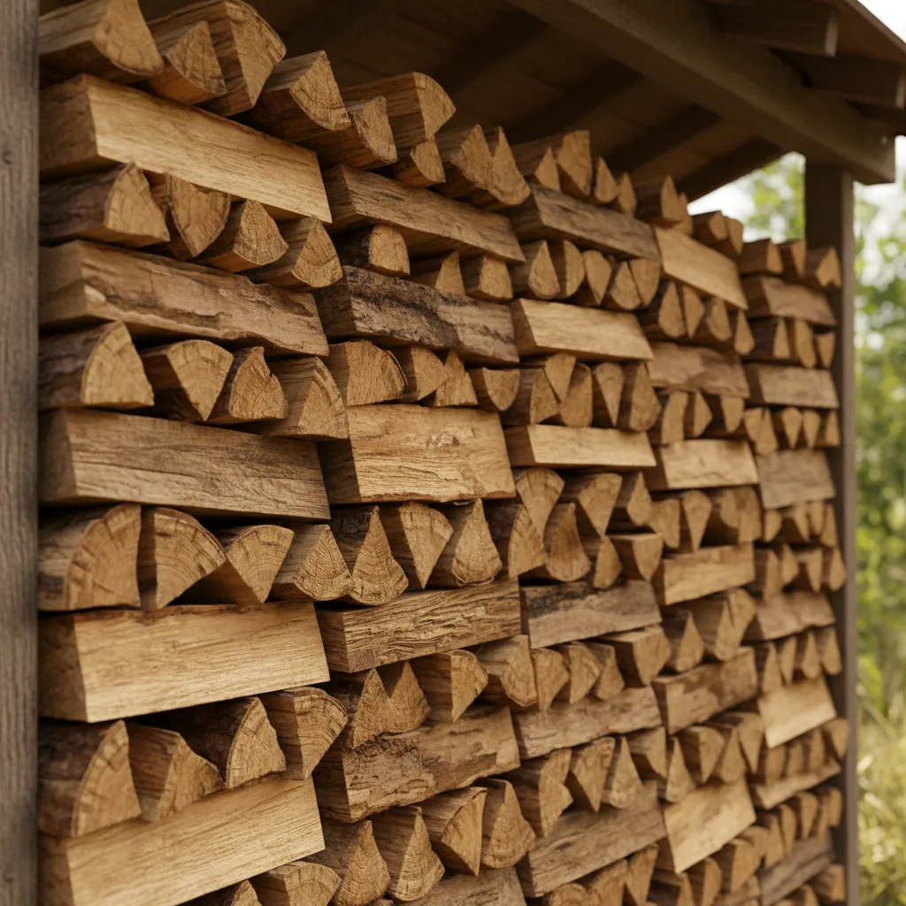 stack of seasoned hardwood logs prepared for wood stove heating