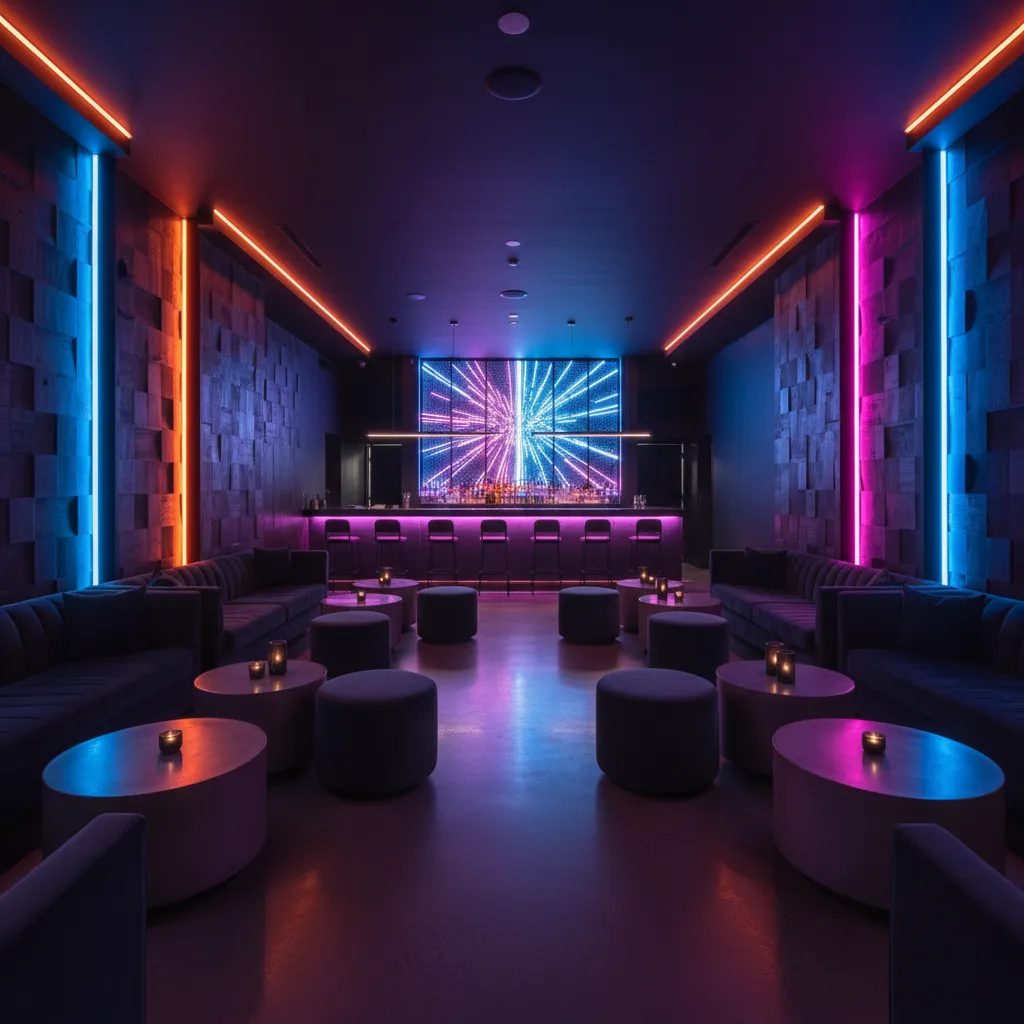 Stylish immersive themed nightlife venue interior in Seattle with dramatic lighting and lounge seating