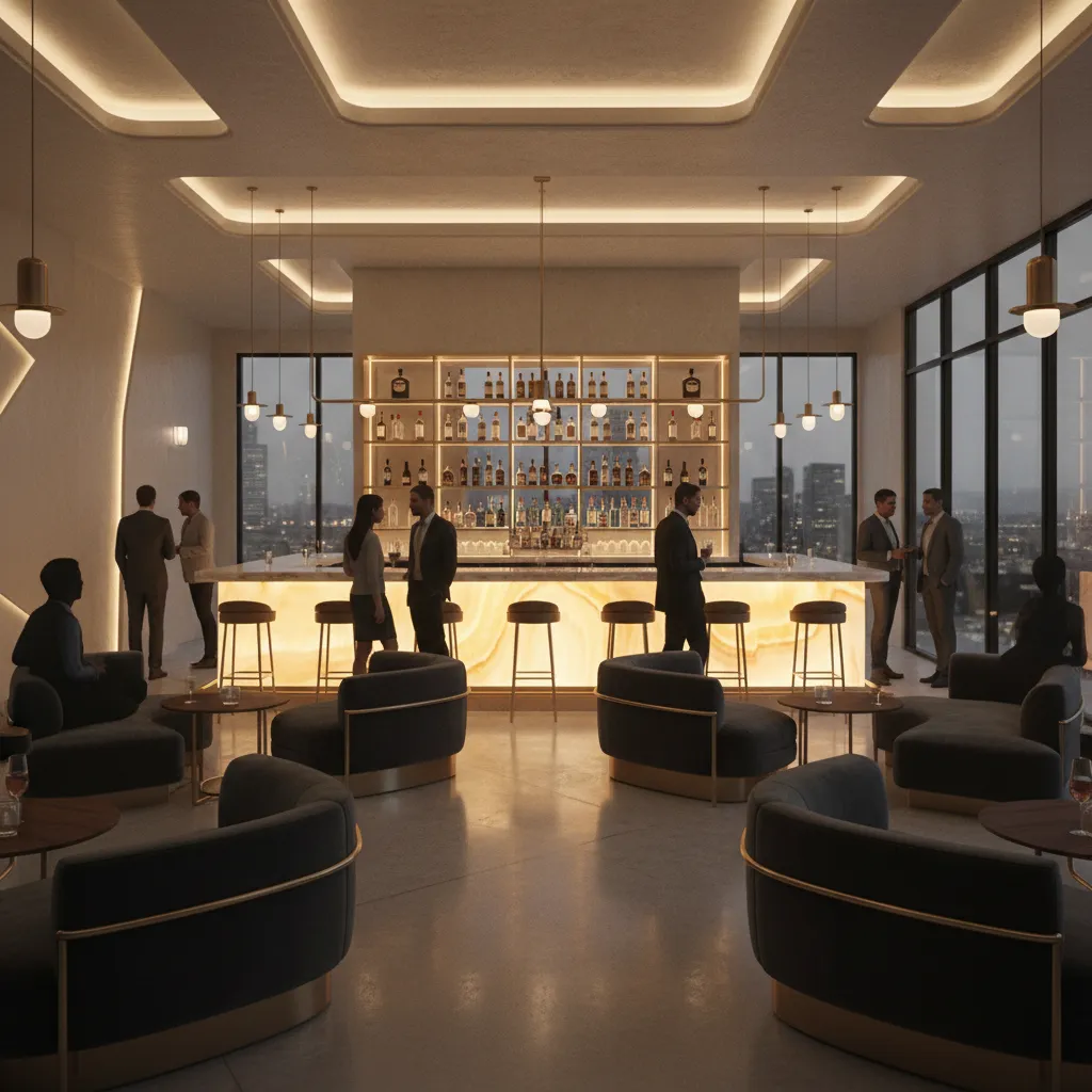 Interior of a lively Seattle nightlife bar with modern lighting and social seating