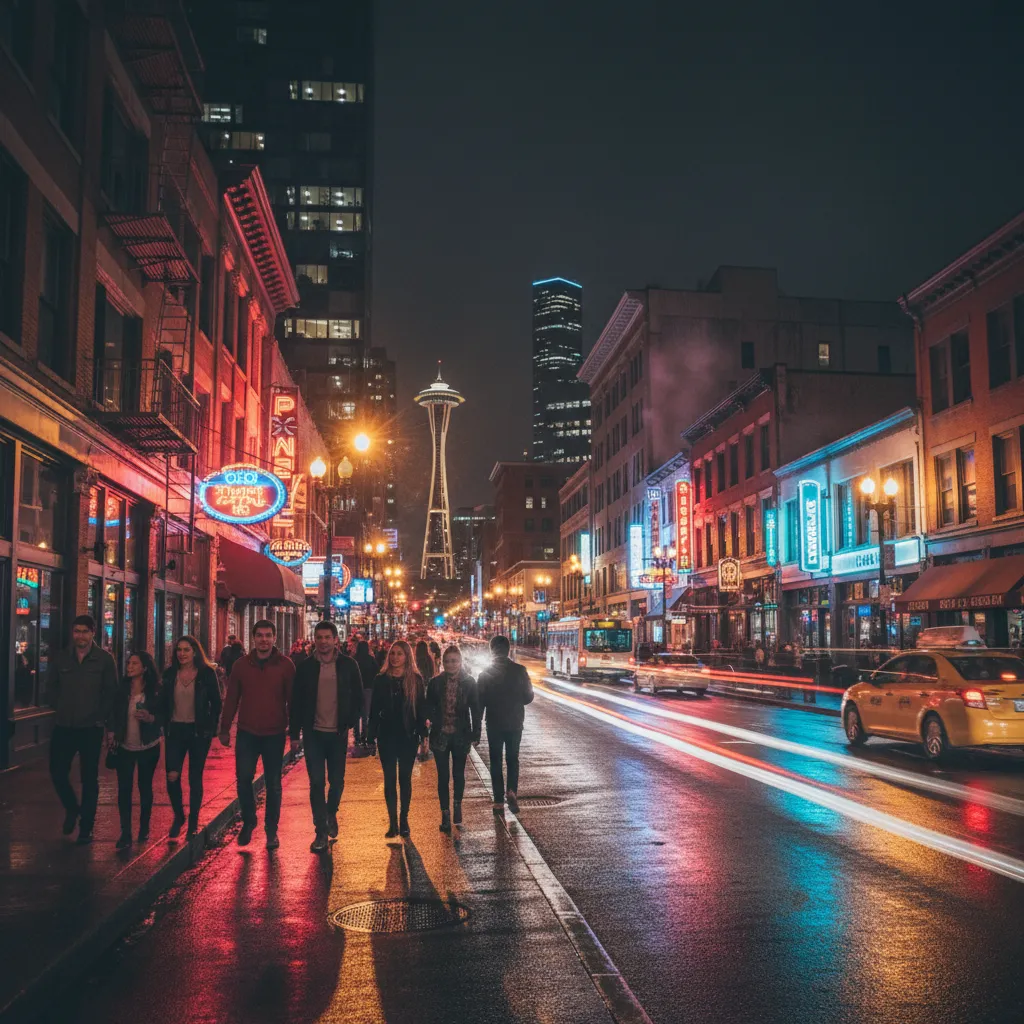 People walking between nightlife venues in a vibrant city district at night