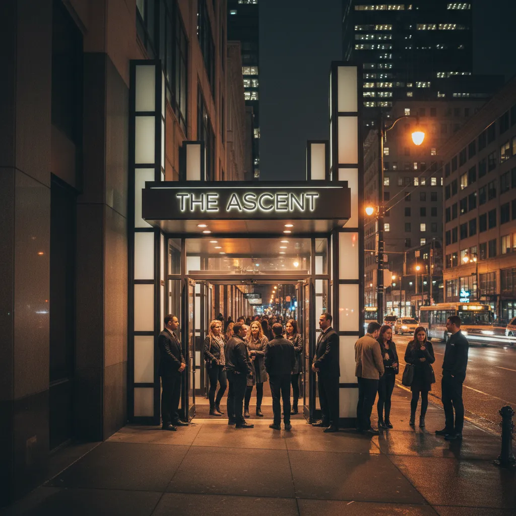 Exterior of a busy Seattle nightlife venue at night with safe lighting and groups entering