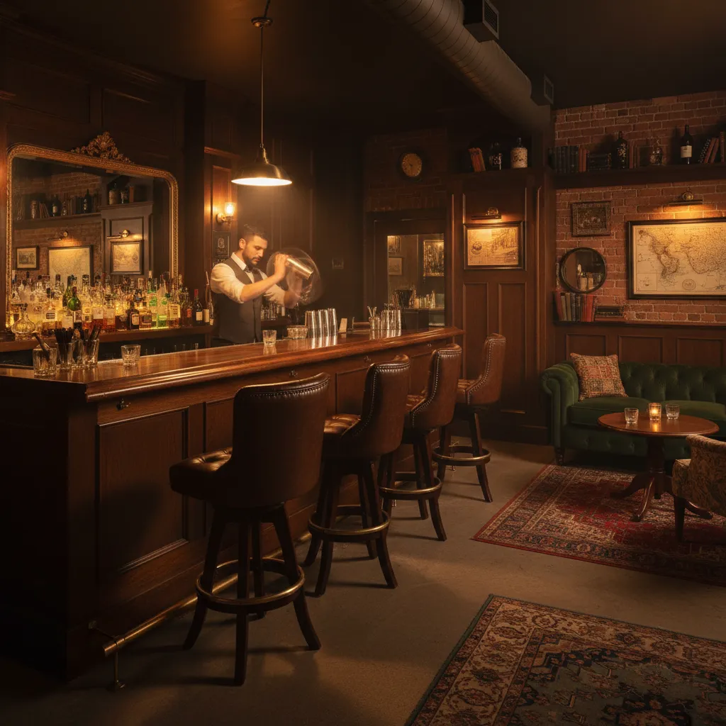 Intimate Seattle speakeasy bar with dim lighting and craft cocktail setting