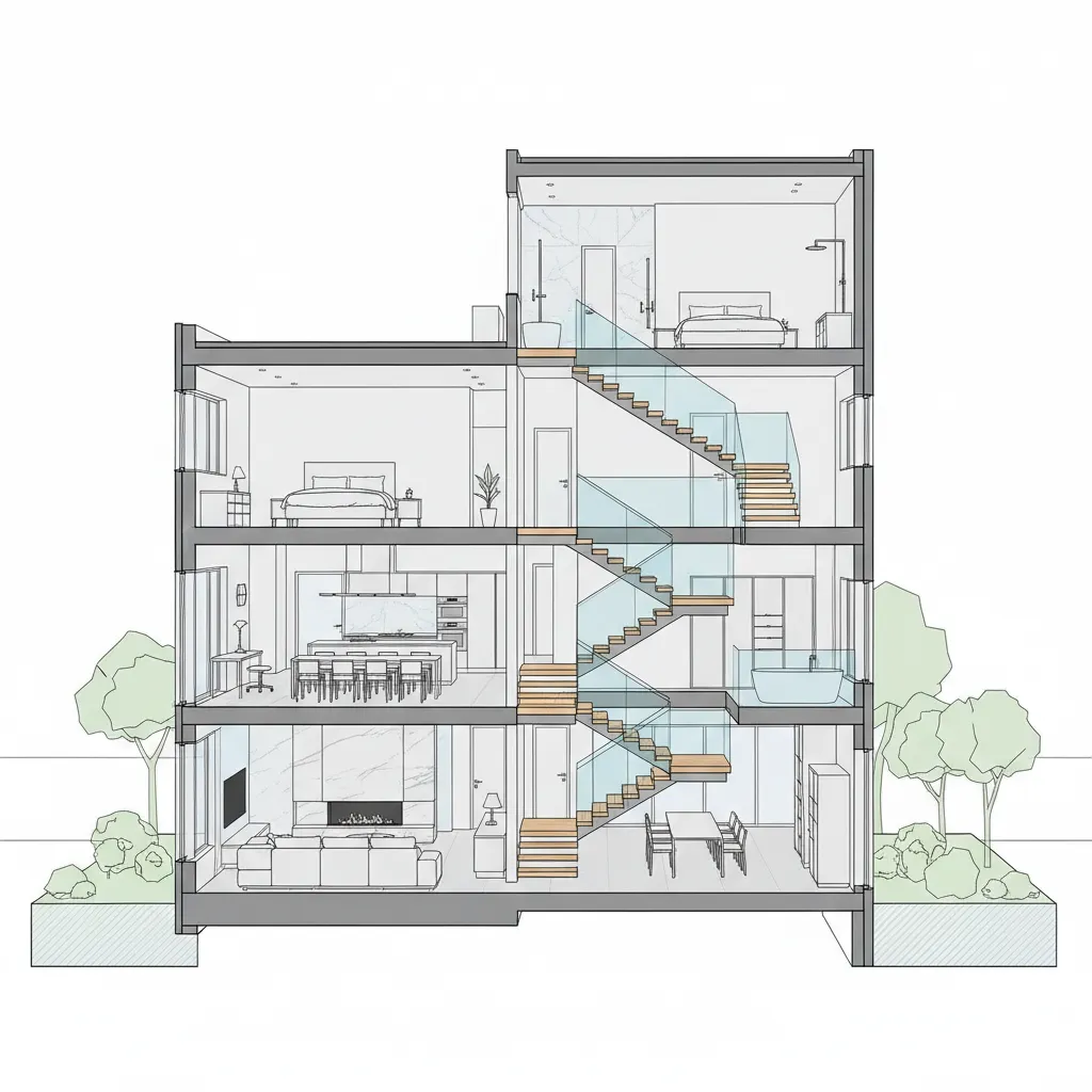 Sección arquitectónica de una casa mostrando niveles interiores