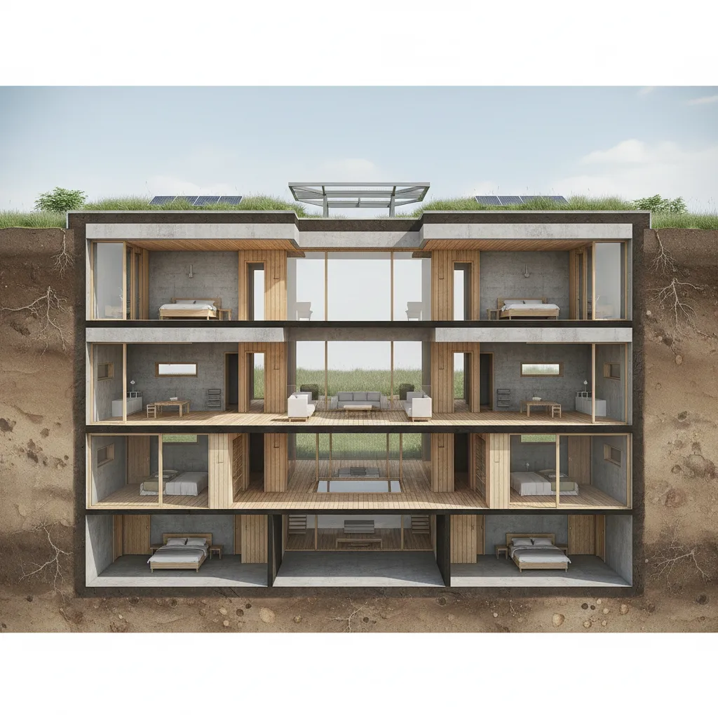 Sección arquitectónica de una casa subterránea mostrando patios y entrada de luz