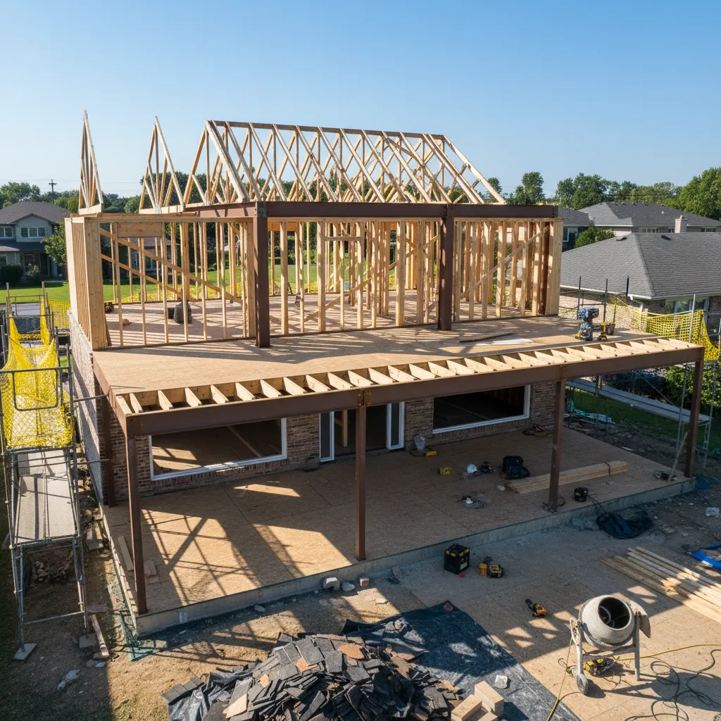 House with exposed wooden framing during second story addition construction