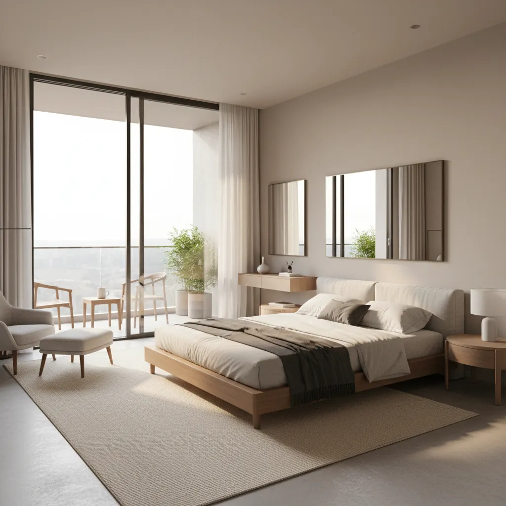 Modern minimalist bedroom with wooden bed beige walls large balcony window armchair and soft light