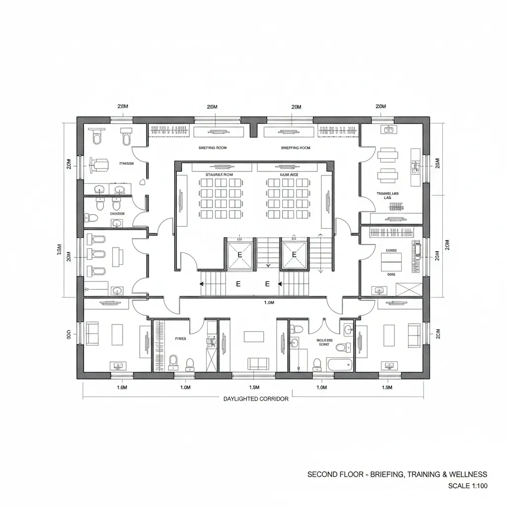 Floor plan interior design drawing showing training rooms and a wellness area with a large corridor