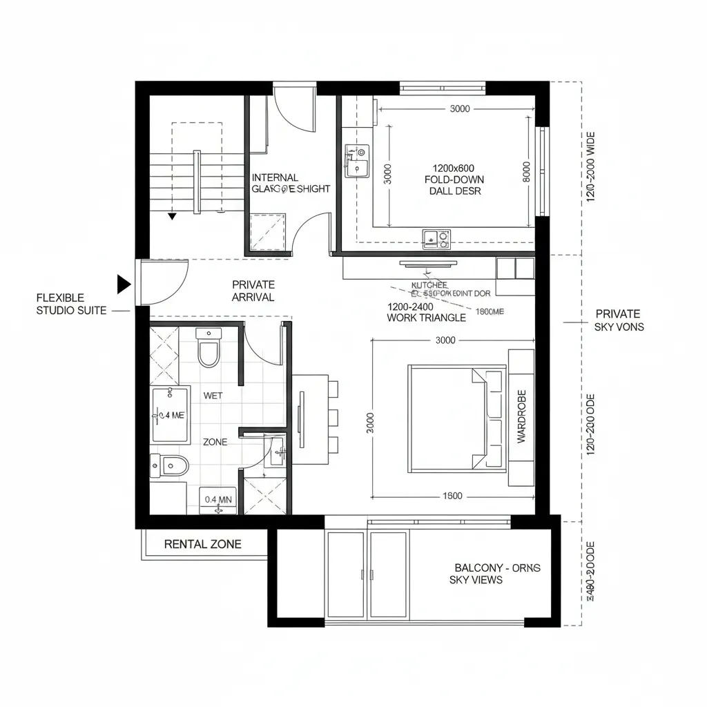 Simple studio apartment room layout showing bedroom, small kitchen area, bathroom, balcony, and wooden stairs