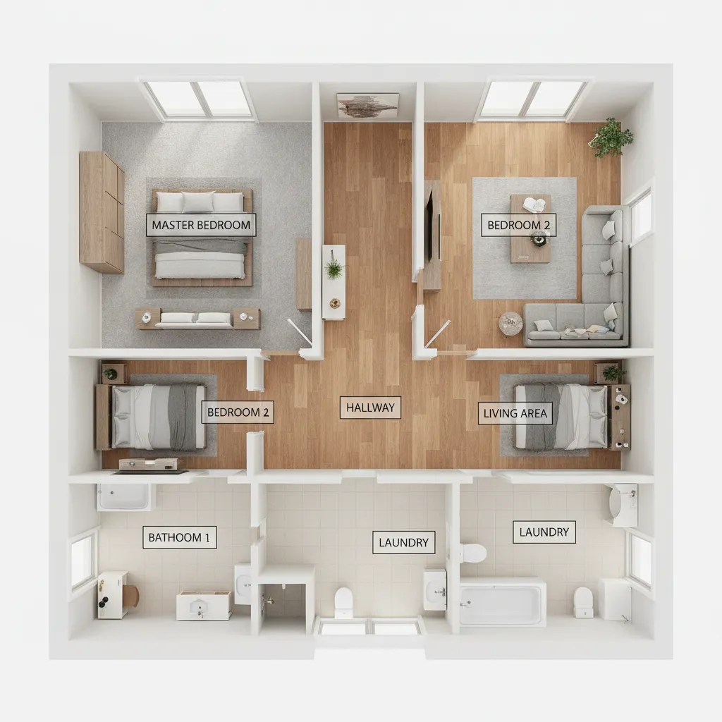 Second floor layout diagram showing carpet hardwood and vinyl flooring zones