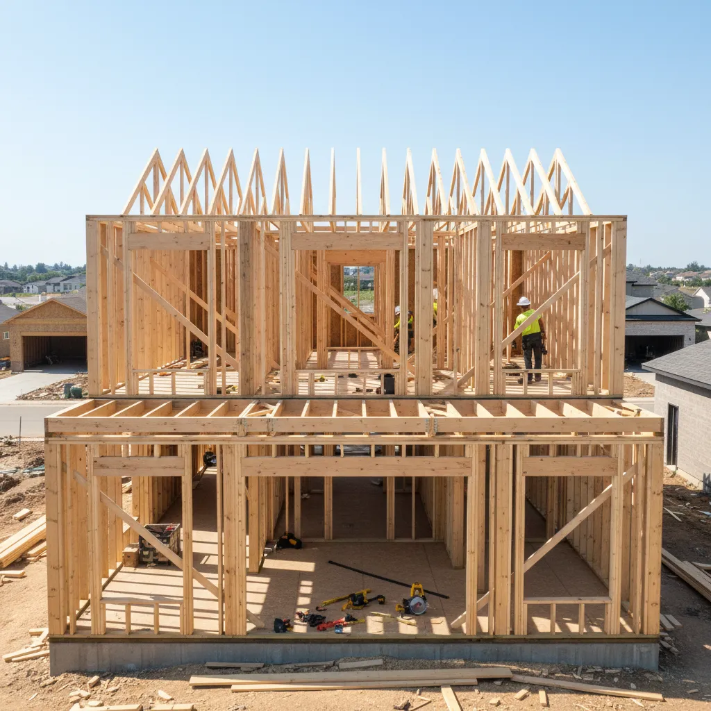 Wood framing structure for new second floor under construction on existing home