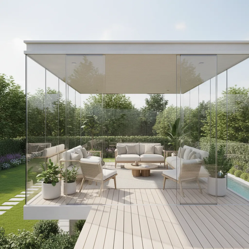 glass enclosed upper level patio attached to modern home