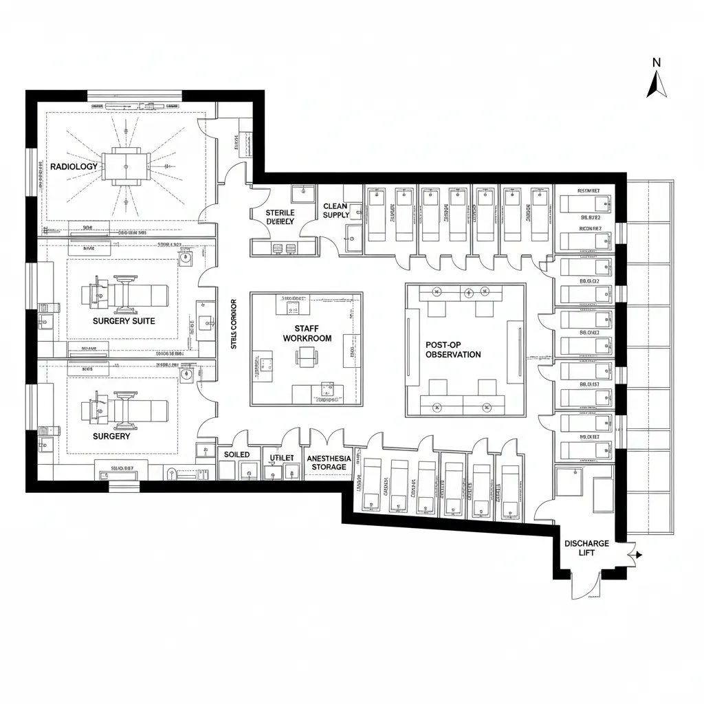 Second floor plan with sterile corridor linking prep, surgery suites, radiology, and monitored recovery bays