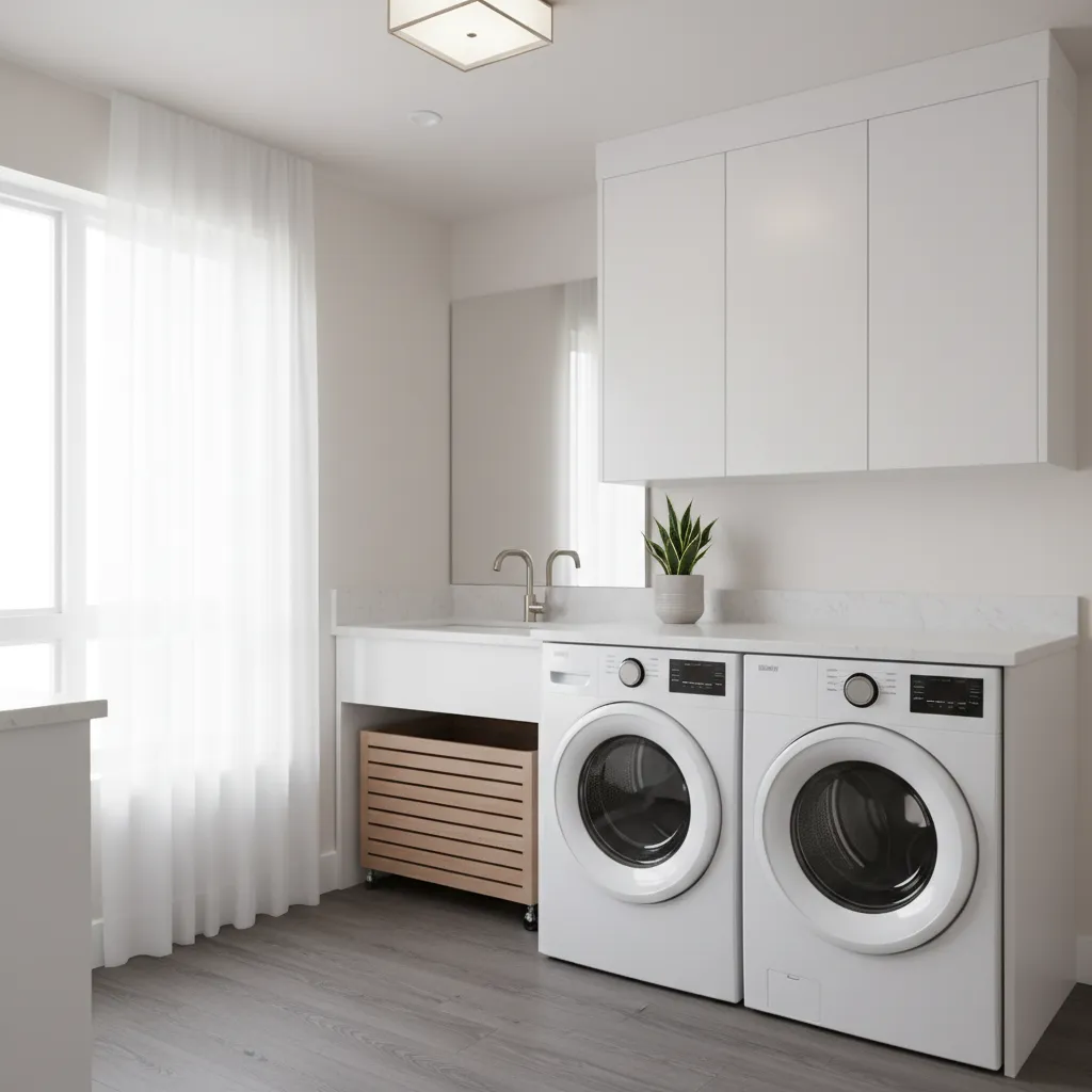 organized second floor laundry room with front load washer dryer and waterproof flooring