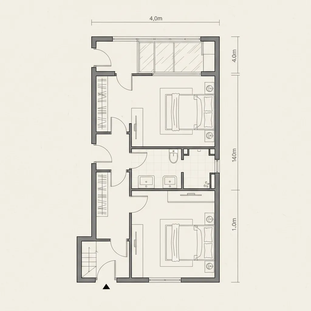 Detailed floor plan layout showing two bedrooms, a central bathroom, hallway, stairs, and measurement lines