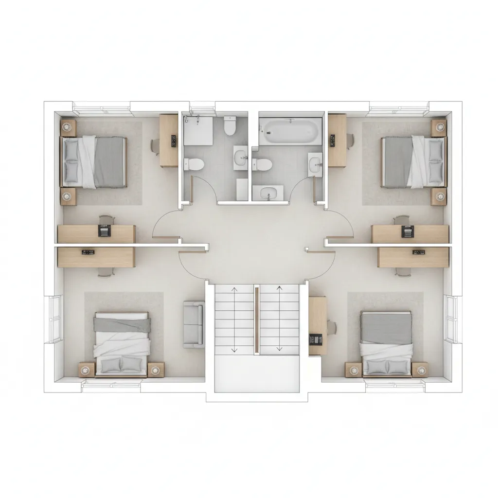 modern second floor house layout with bedrooms and hallway circulation