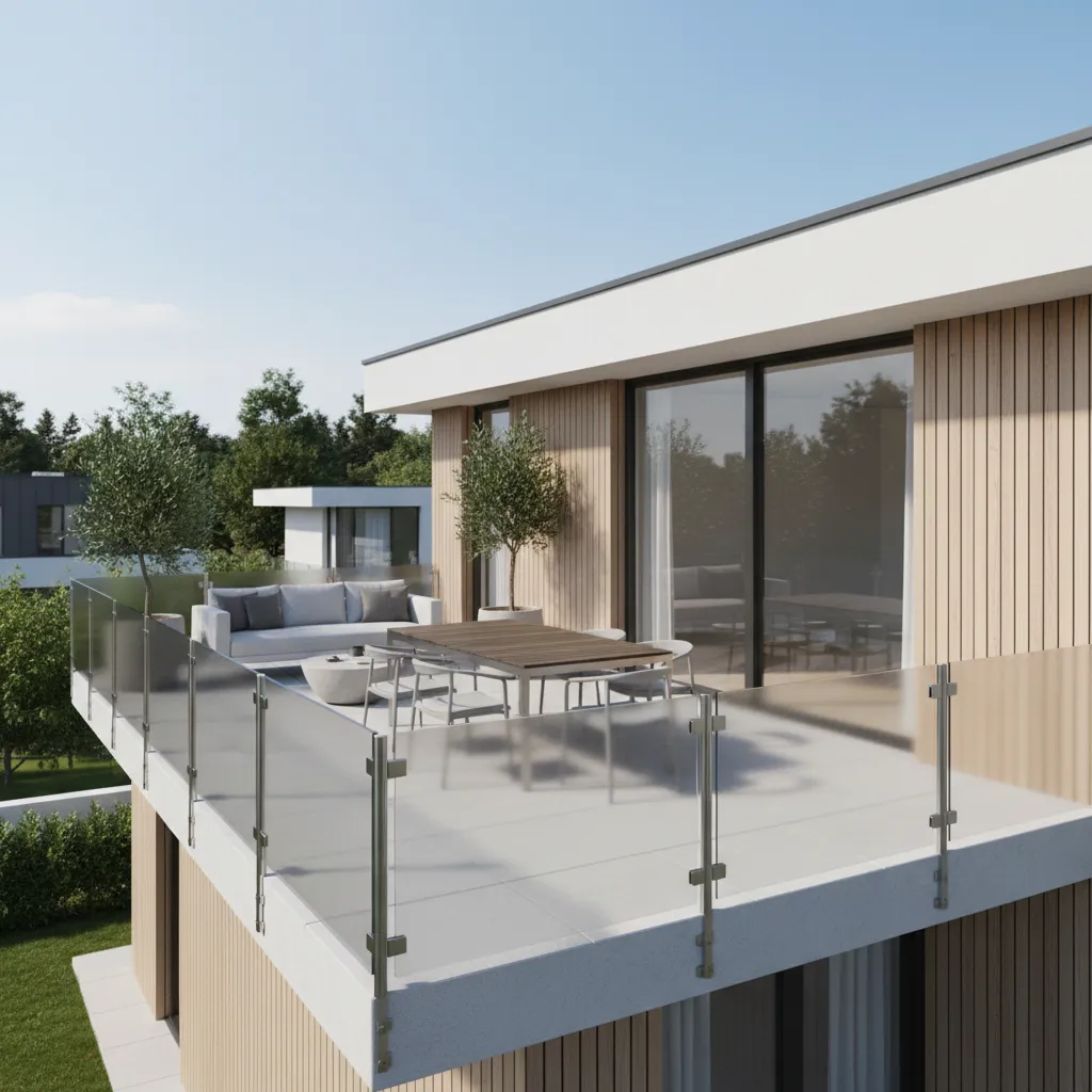 Second floor patio with laminated glass guardrail safety system