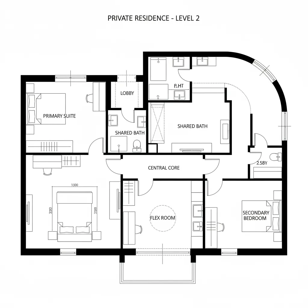 Top-down CAD plan of two-bedroom private floor with flex room