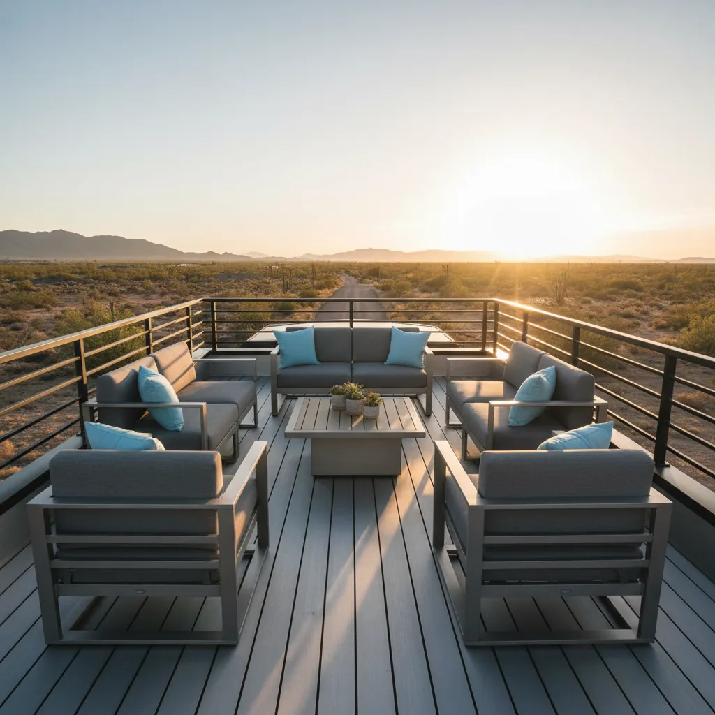 RV rooftop loft with seating and safety railing viewed from side angle