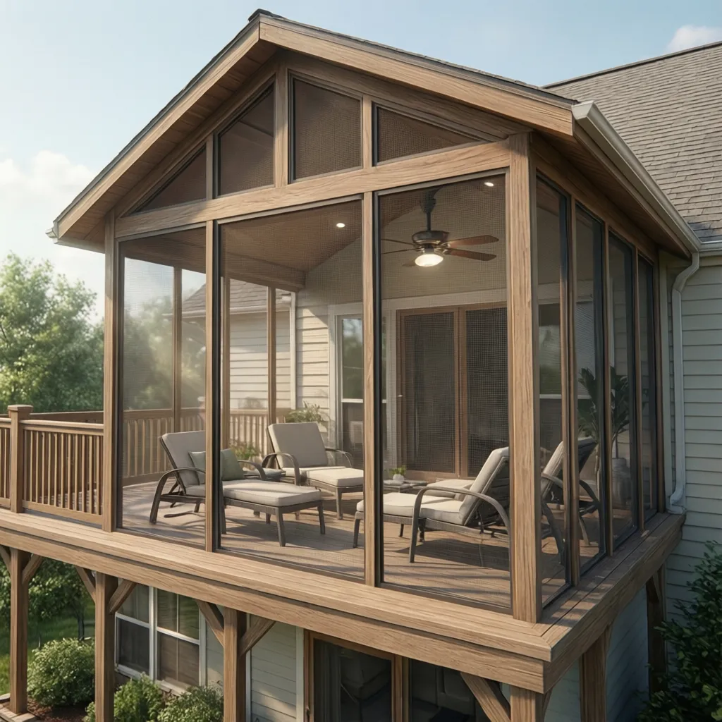Upper level screened porch with mesh panels and outdoor seating
