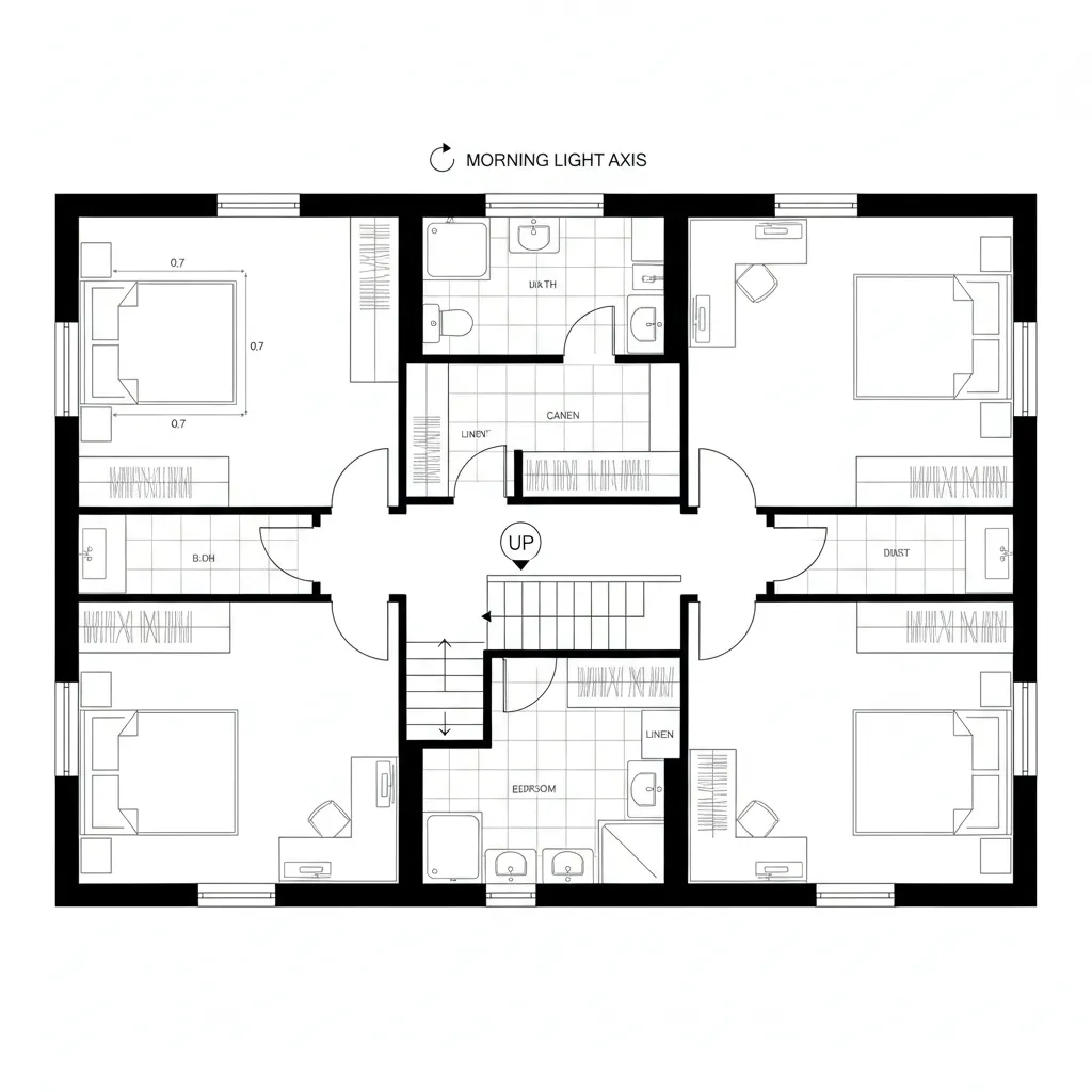 Top-down CAD plan of a second-floor sleep cluster with primary suite and three flexible bedrooms