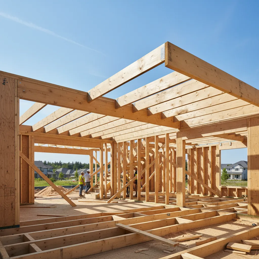 wood framing structure of a house during second story construction