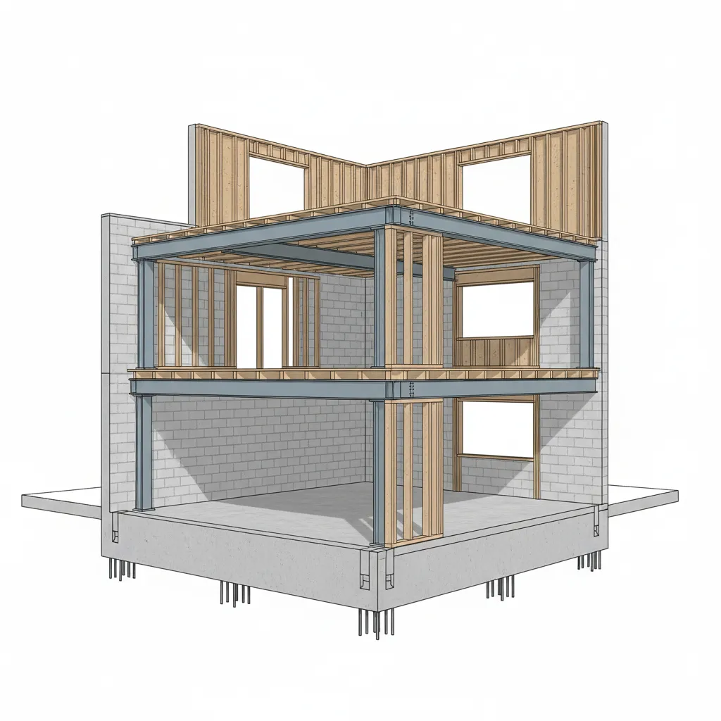 structural diagram showing load bearing walls and beams for second floor addition