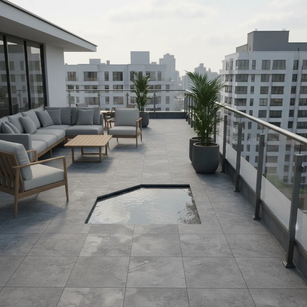 Second floor terrace showing poor layout and water pooling problem
