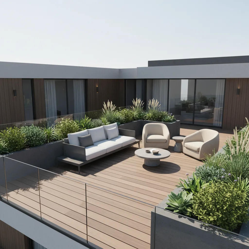 second floor terrace overview with seating planters and open layout