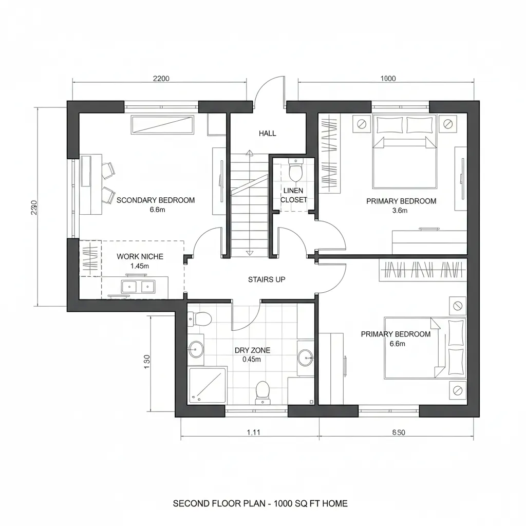 Second floor plan with two bedrooms, shared bath, and a flexible work niche off the landing