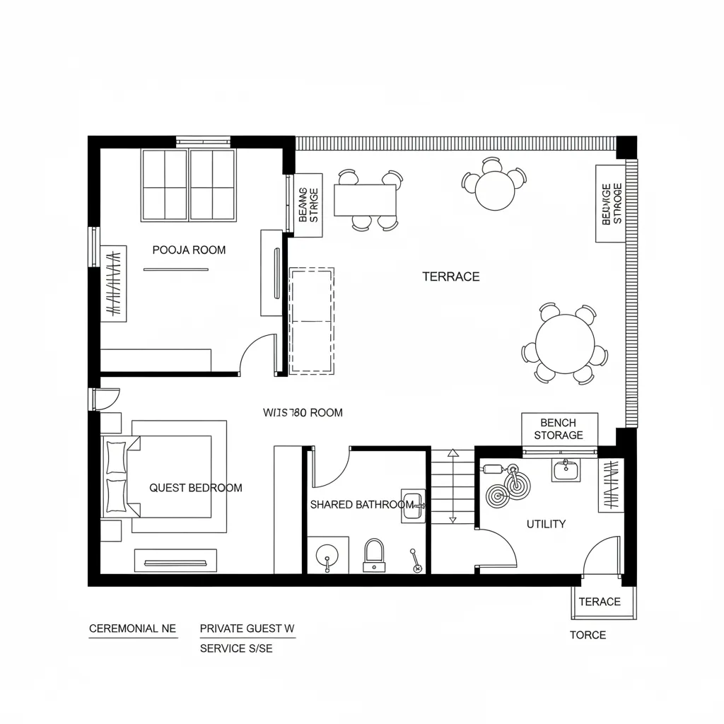 Second floor plan layout showing a guest bedroom pooja room bathroom utility and large terrace