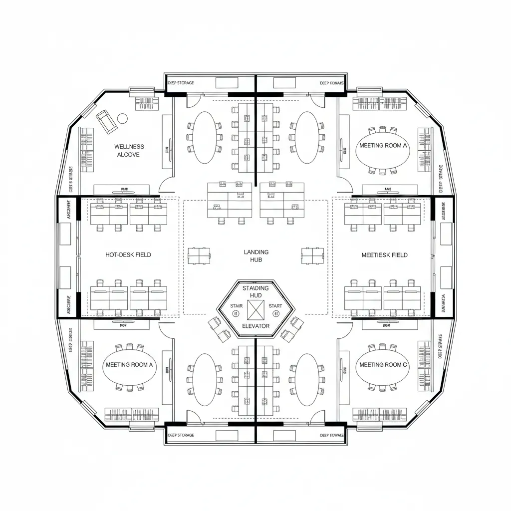 Top-down CAD plan of work loft with meeting rooms and wellness alcove