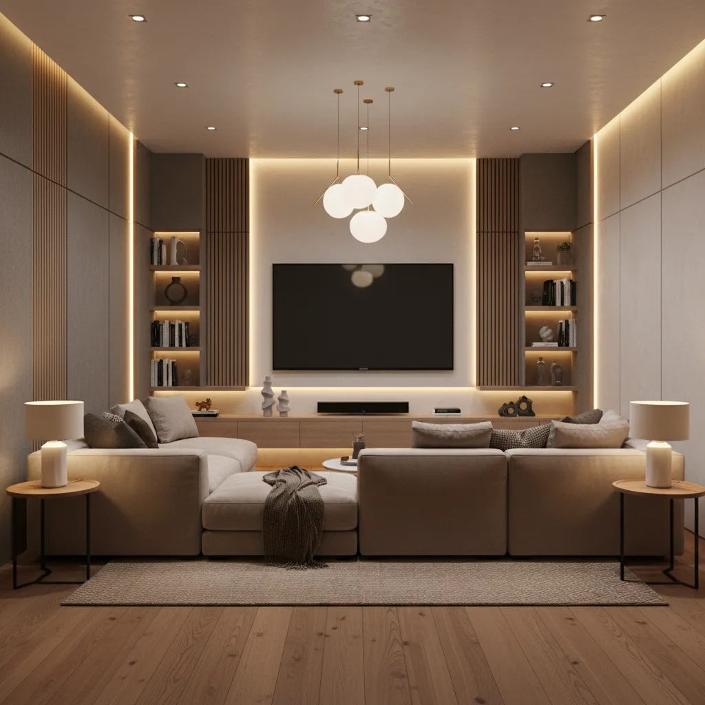 Second living room designed as a cozy media room with sectional sofa and TV wall