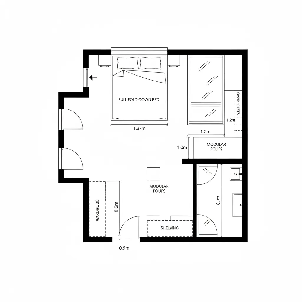 Top-down CAD plan of elastic multipurpose room with desk, fold-down bed, storage, and balcony