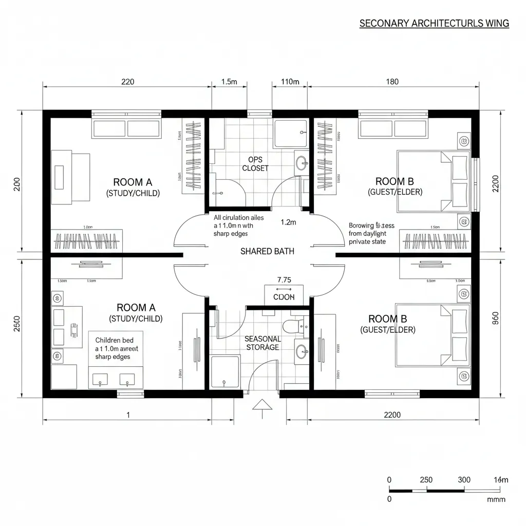 Top-down CAD plan of a flexible secondary wing with two rooms and a shared bath