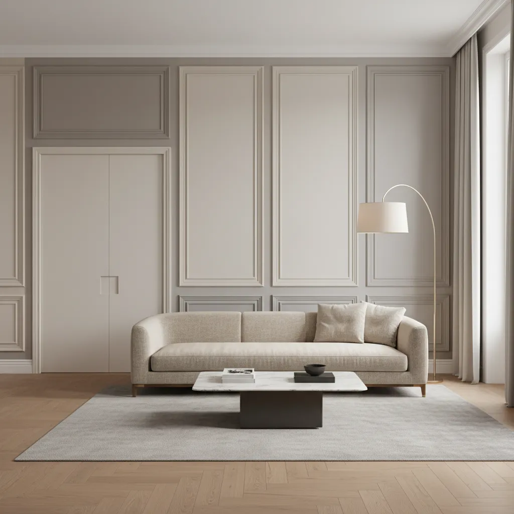 flush wall panel door disguised as part of living room wall paneling