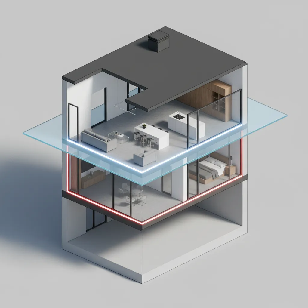 Section plane cutting through a 3D building model to generate a floor plan