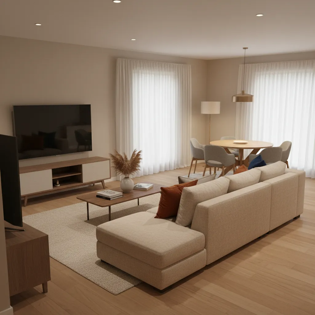 Sectional sofa acting as divider between living and dining areas in open ranch house