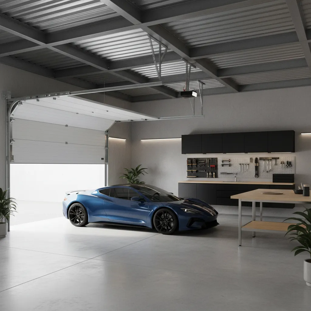 Sectional garage door with visible overhead track system on ceiling
