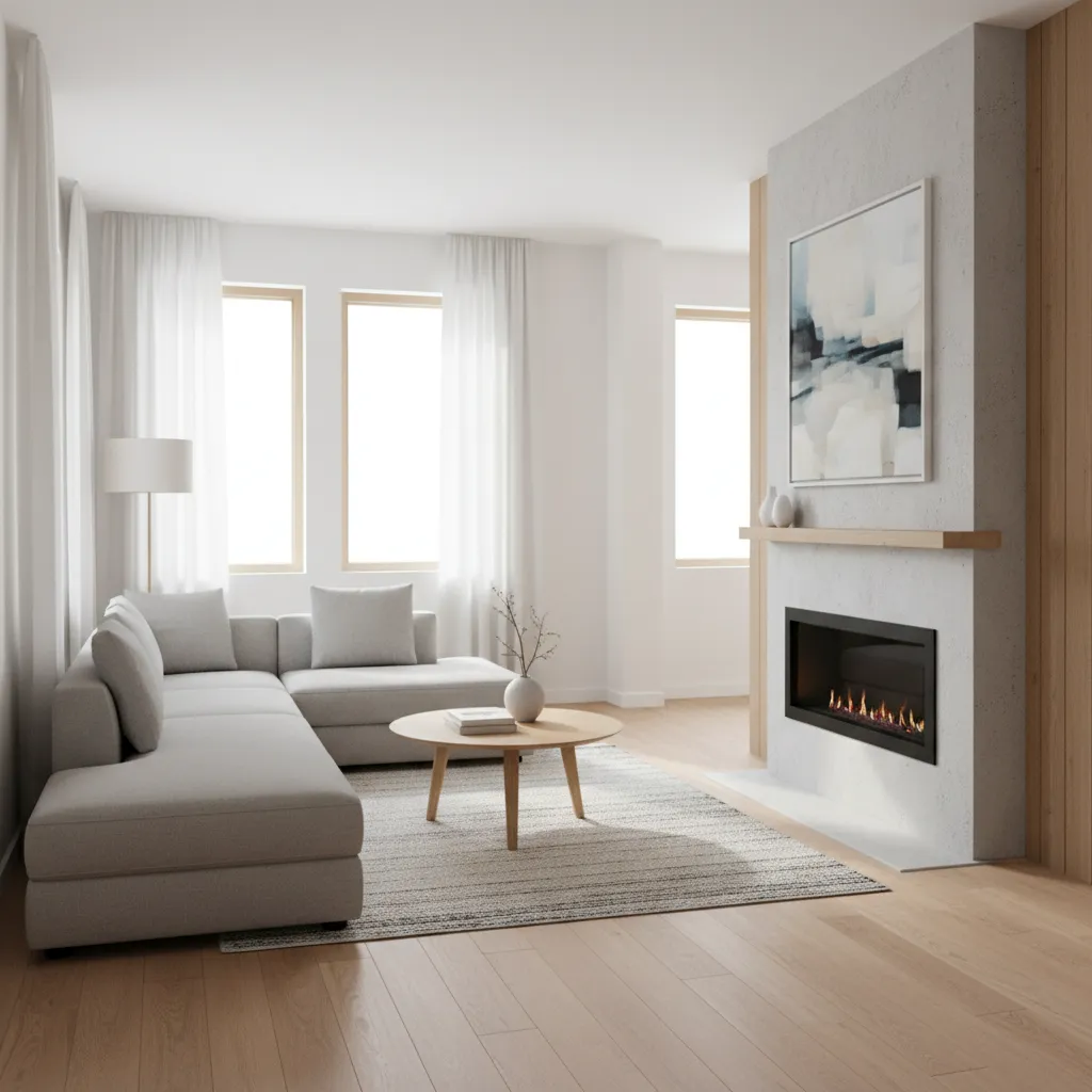 Living room showing sectional positioned perpendicular to fireplace