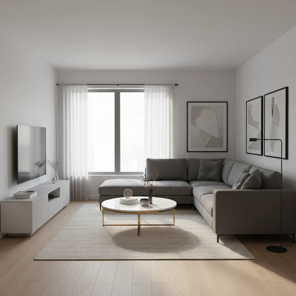compact sectional sofa layout in an 11x18 rectangular living room