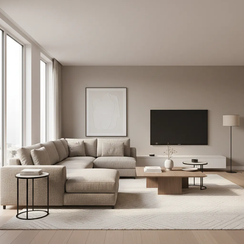 L shaped sectional sofa layout in rectangular living room with TV wall