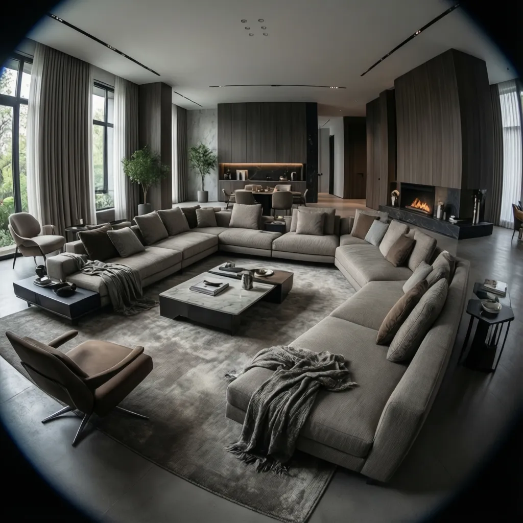 Modern square living room with L-shaped sectional sofa layout