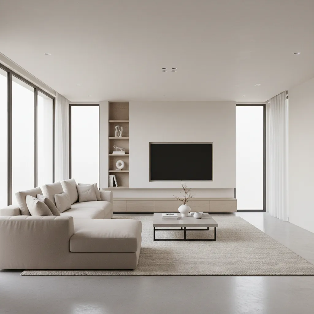 Sectional sofa positioned along long wall in an L shaped living room layout