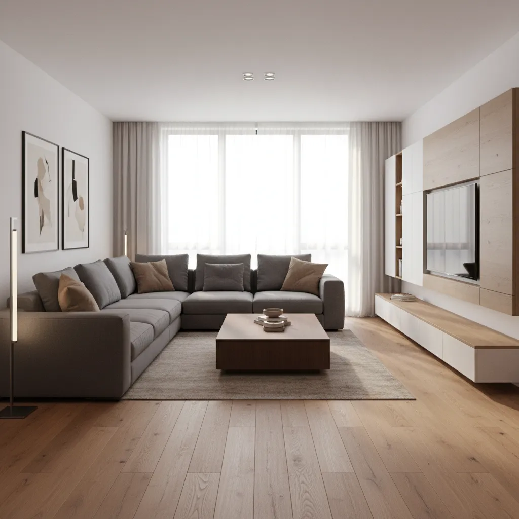 Sectional sofa arrangement in an L-shaped living room