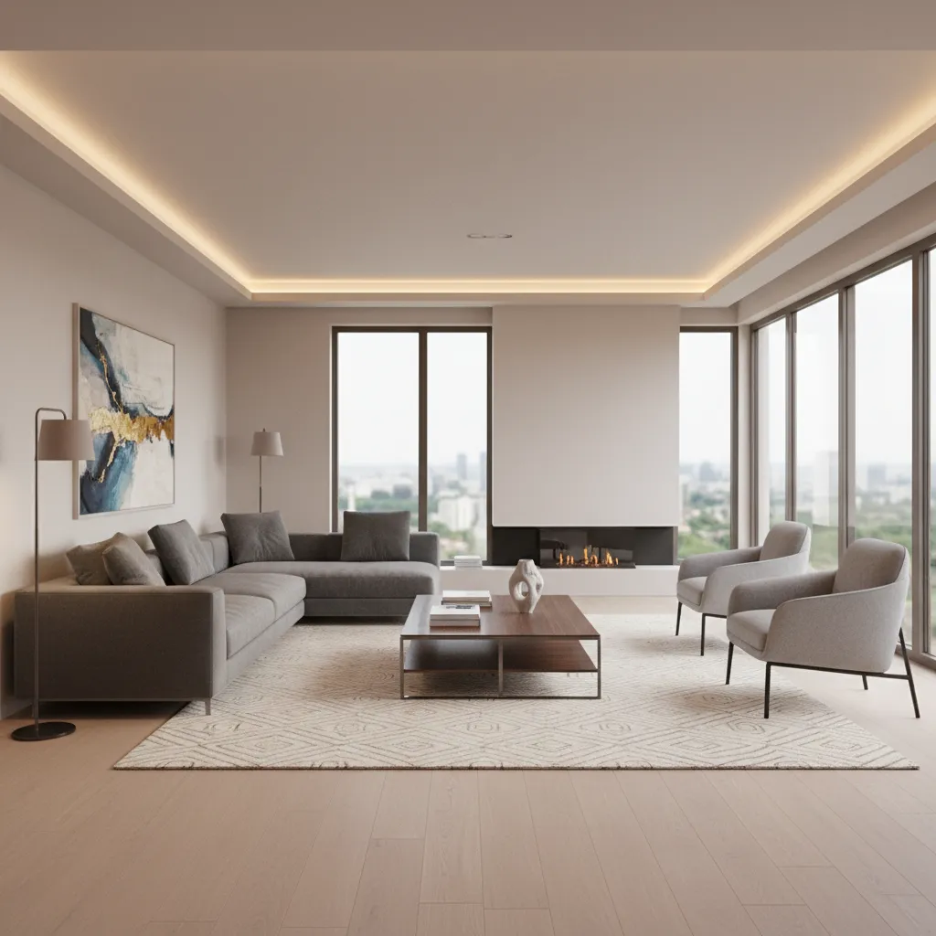 Rectangular living room with L shaped sectional sofa anchoring the seating area