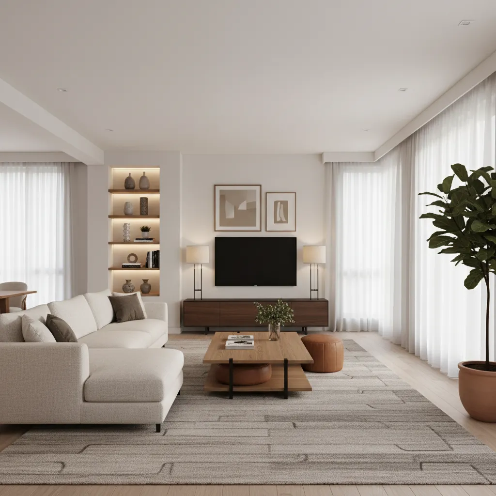 living room showing proper rug and coffee table size with sectional sofa