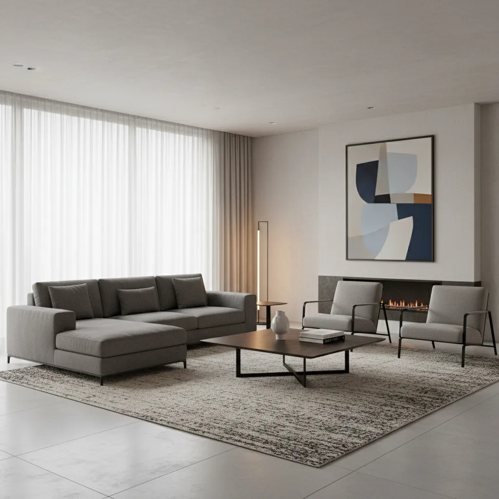 Sectional sofa placed on large rug in dark grey living room