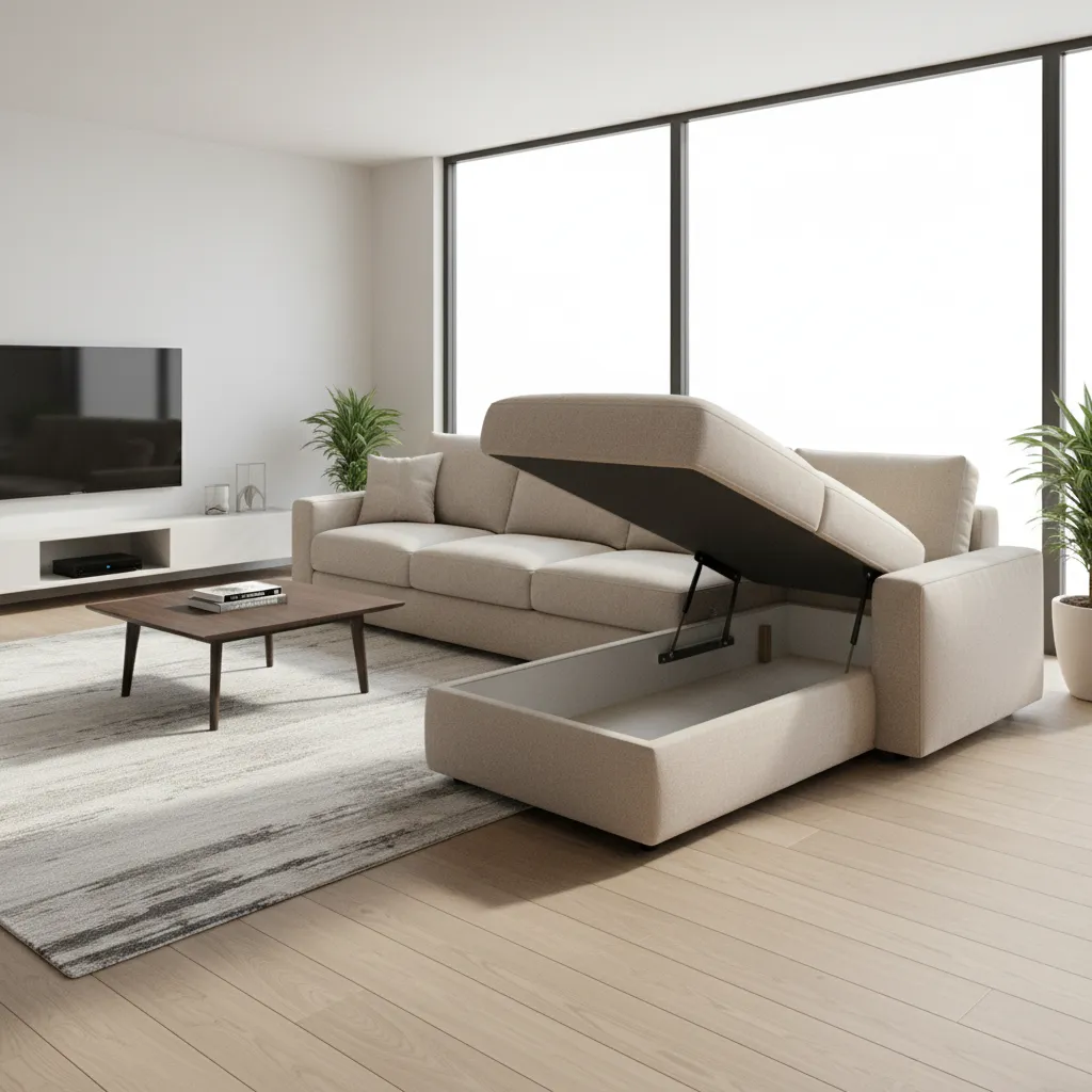 L shaped sofa with hidden storage compartment open